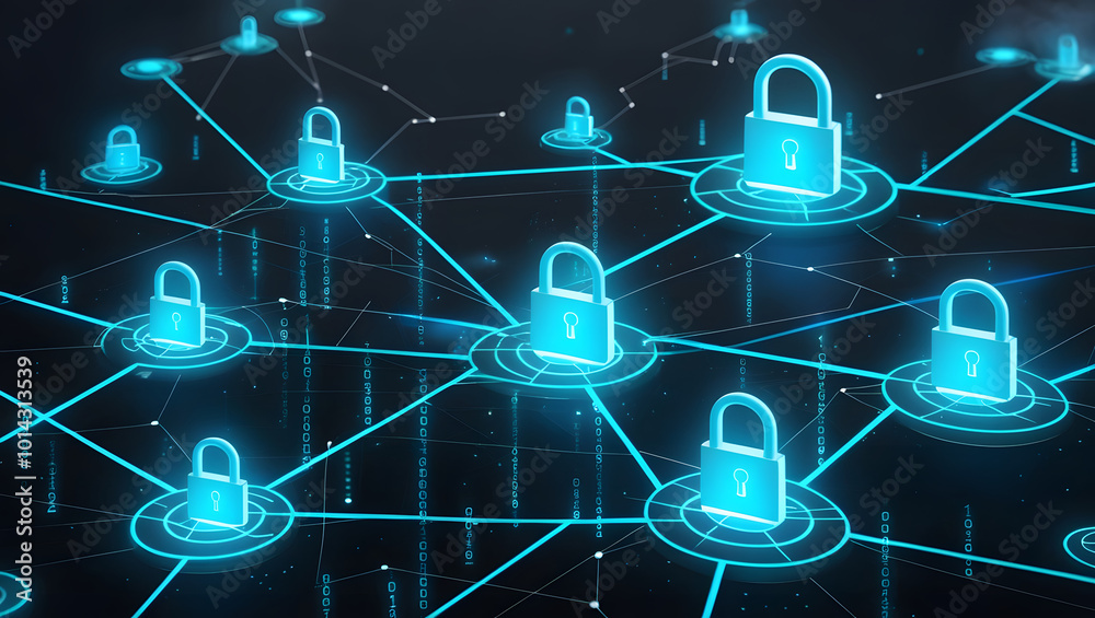 Wall mural digital illustration of cybersecurity network internet system web data centre protection padlock sym