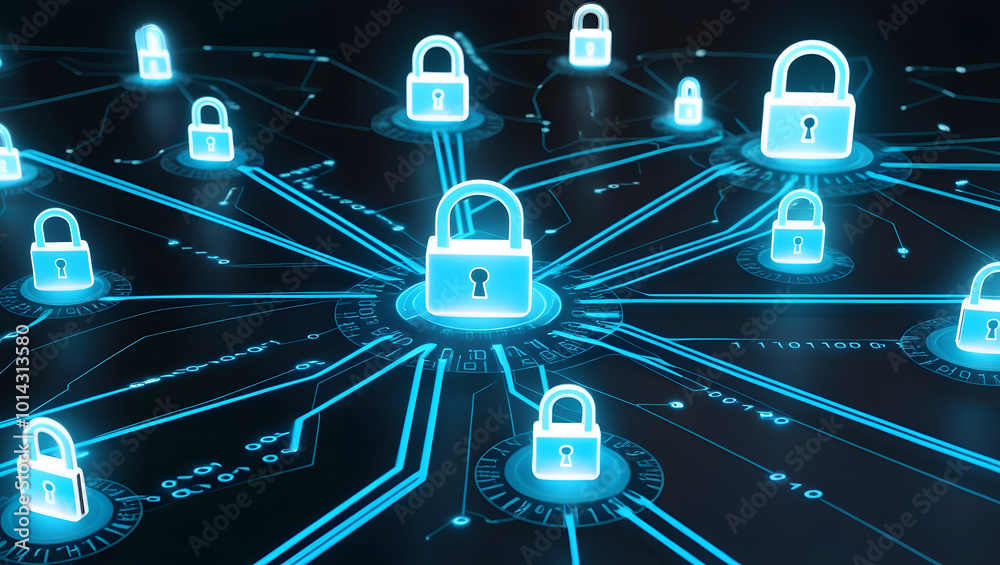 Sticker digital illustration of cybersecurity network internet system web data centre protection padlock sym