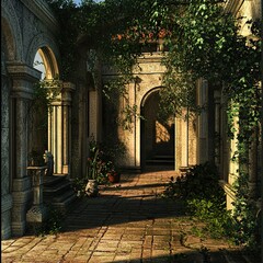 Fototapeta premium Ancient Stone Courtyard with Ivy and Sunlight