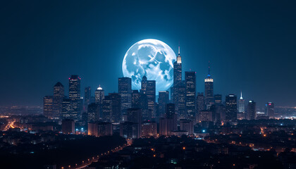 Fototapeta premium Urban skyline with full moon glowing over city buildings at night