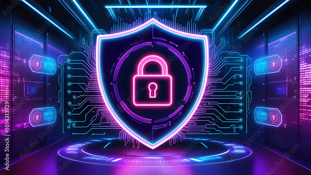 Canvas Prints digital illustration of cybersecurity and data centre protection. shield icon with a padlock symbol 