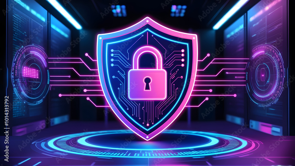 Canvas Prints digital illustration of cybersecurity and data centre protection. shield icon with a padlock symbol 
