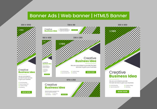 HTML5 banner ads design web template Set, Horizontal header web banner. Editable Google display ads banner set template  