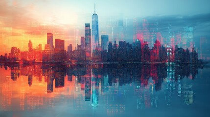 Obraz premium Abstract view of a city skyline influenced by economic policy changes, represented by digital overlays of economic data with neon light.