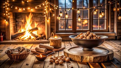 Warmth of a Cozy Fireplace with a Festive Garland and a Bowl of Golden Spheres