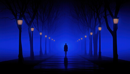 A lone figure walks down a misty path illuminated by glowing street lamps, creating a mysterious and enchanting atmosphere, standing alone on a deserted street, streetlights casting long shadows.