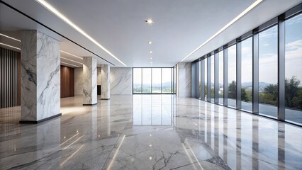 Obraz premium A modern architectural space featuring sleek, polished floors reflecting the natural light streaming through expansive windows, showcasing a panoramic view of distant hills and lush greenery.