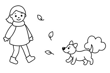 Cheerful Child with Her Happy Dog Enjoying an Autumn Walk Vector Design
