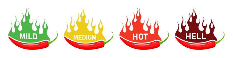 Hot spicy peppers with fire flames scale indicators, green, red, yellow and orange rating