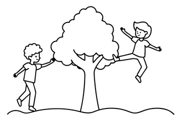 Vector of kids playing and balancing on tree in a beautiful fall setting
