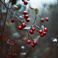 Red Berries on a Branch in Winter