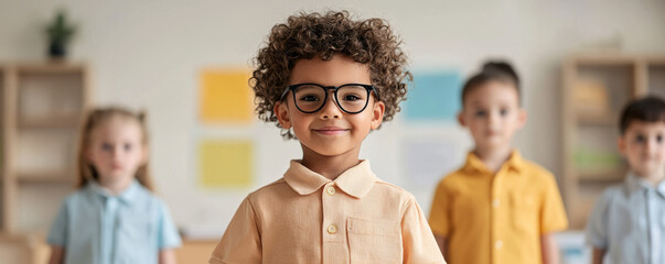first day of kindergarten, children exploring colorful classrooms, joyful and vibrant atmosphere, A cheerful boy in glasses stands confidently in a classroom, surrounded by classmates.