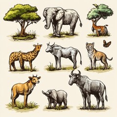 Hand Drawn African Safari Animals Illustration Set   Elephant  Giraffe  Tiger  Wildebeest