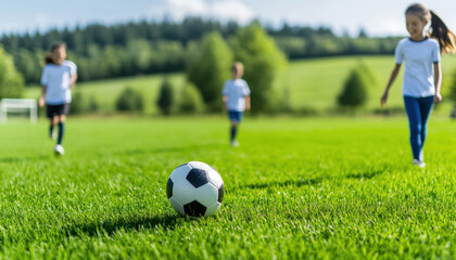 Fototapeta premium students playing soccer on a vibrant green field during recess, bright sunlight, joyful back to school moment, Children play soccer on a sunny day, showcasing outdoor activity and teamwork.