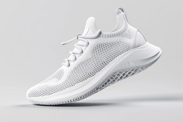 White sneaker with modern design floating on a plain background. Product mockup for footwear design.