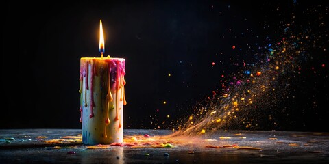 A brightly colored candle burns with a radiant flame, casting a mesmerizing spray of colorful wax droplets that dance in the air against a dark background.
