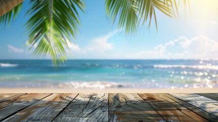 Wooden deck with blurred tropical beach and palm leaves in the background. Summer vacation concept with copy space.