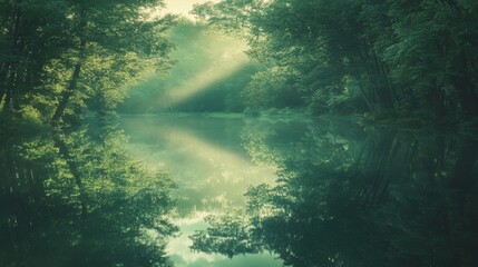 Fototapeta premium Sunlight streams through the trees and reflects on the still water of a forest lake.