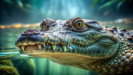 Fototapeta premium A close-up portrait of a crocodile's head with its eyes peering out from the water, revealing the sharp teeth and textured scales of its skin