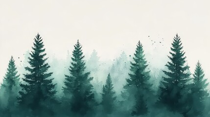 Watercolor Painting of Pine Trees in Foggy Forest