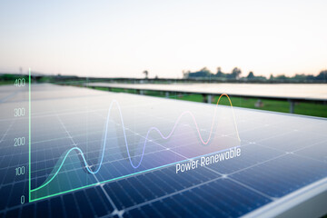 Solar panel are shown with a superimposed graph that tracks renewable power generation. Graph...
