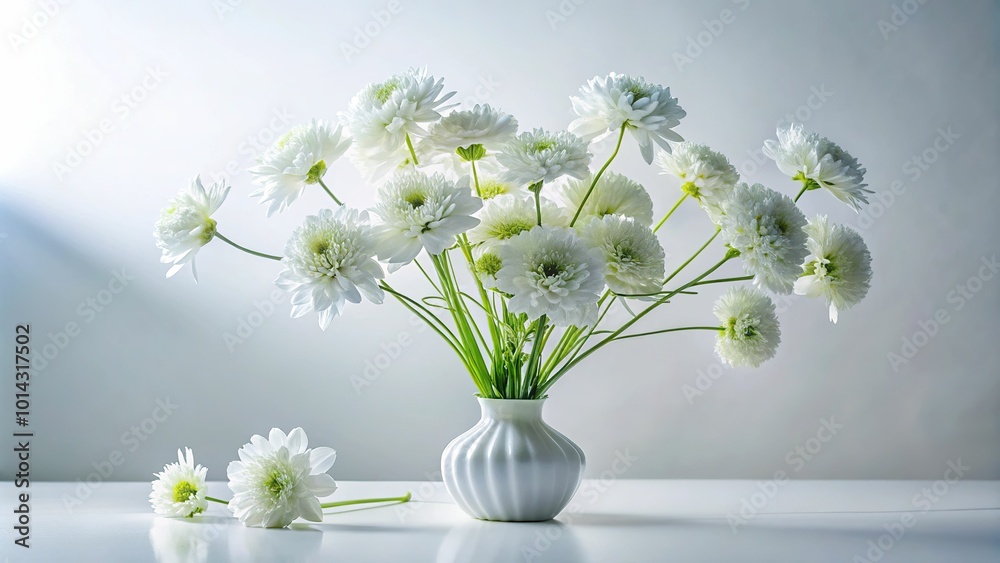 Wall mural against a crisp white backdrop, a delicate white flower arrangement takes center stage, boldly lit f