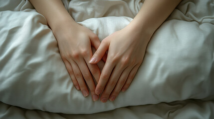 Hands resting on a soft pillow, A close-up view of hands resting on a soft pillow, conveying tranquility and comfort in a serene setting.
