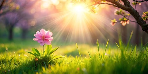 Fototapeta premium A single delicate blossom bathed in golden sunlight amidst a verdant meadow, its petals unfurling towards the heavens