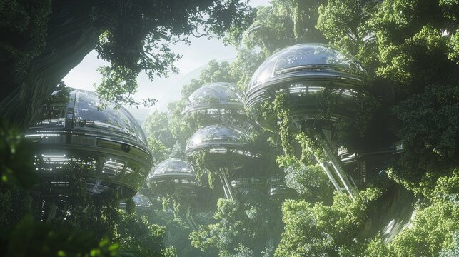 Futuristic Space Colony: Diverse Habitats and Advanced Transport Systems on a Distant Planet