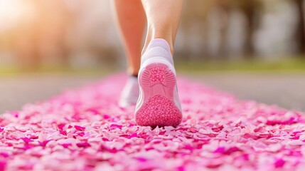 Runner s Foot Stepping on Pink Flower Petals Path    Pink Ribbon Awareness