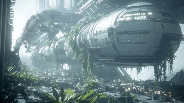 Futuristic Marketplace on Space Station - Ray Tracing Space Colonization Concept Art of Diverse Alien Species and Advanced Technology
