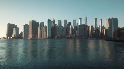 Stunning skyline of downtown buildings reflecting in calm waters during sunset