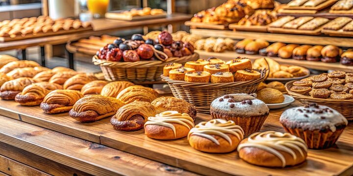 A delightful spread of freshly baked pastries and sweet treats, showcasing a tempting array of textures and flavors, inviting a sweet indulgence.