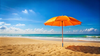A single orange beach umbrella stands tall against a backdrop of azure sky, fluffy white clouds, and the tranquil turquoise waters of the ocean, inviting relaxation and escape.