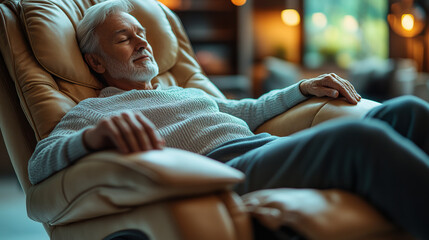 Person reclining in an armchair with hands resting on the armrests, A relaxed senior man enjoying leisure time in a modern recliner, surrounded by a cozy living space, exuding comfort and tranquility.