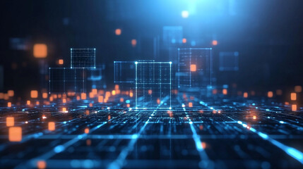 Obraz premium Abstract Digital Network Background, Futuristic Blue Geometrical Background with Neon Technology HUD Element.