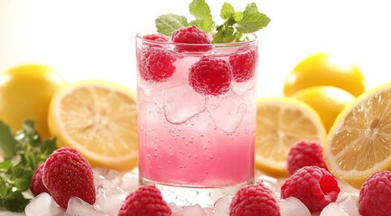 Refreshing raspberry lemonade with ice in a glass, featuring pink juice with floating red raspberries and large lemon slices on each side, surrounded by greenery and scattered whole strawberries