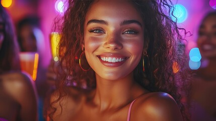 Fototapeta premium Joyful celebration with friends in vibrant nightlife, showcasing a smiling woman amidst colorful lights and happy faces