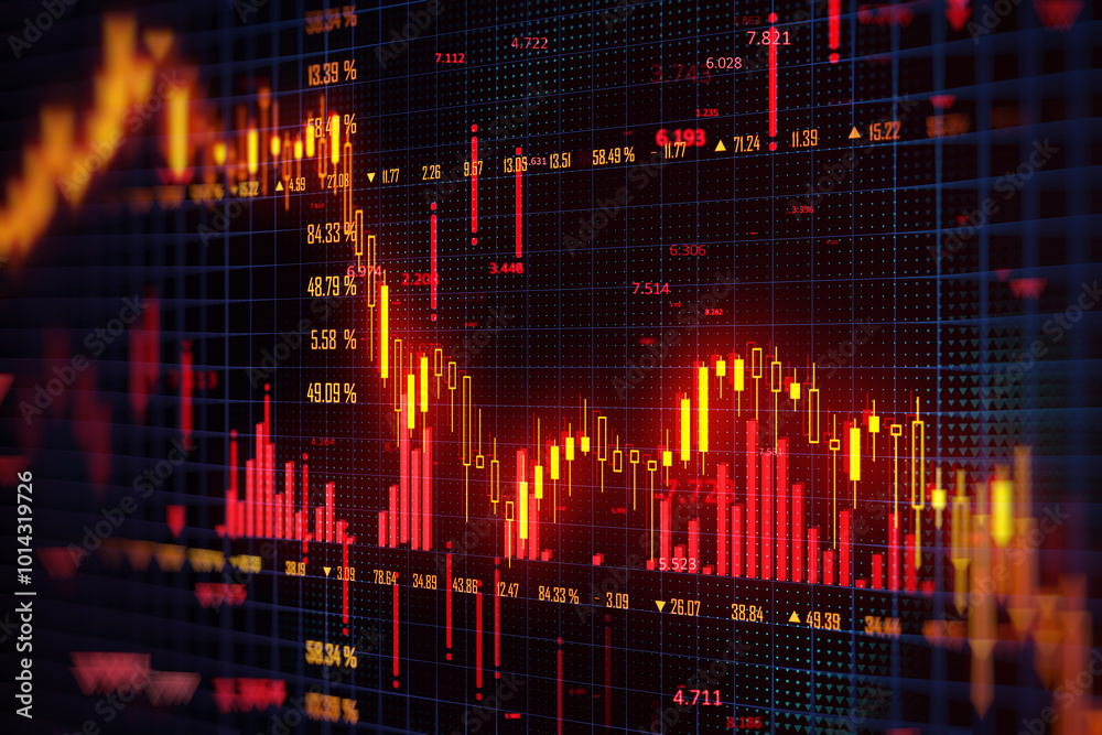 Poster stock market chart showing declining trends and financial crisis on a digital screen. 3d rendering