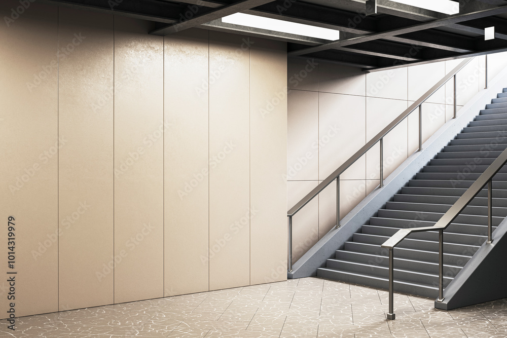 Poster Empty staircase with blank wall in modern subway station. 3D Rendering
