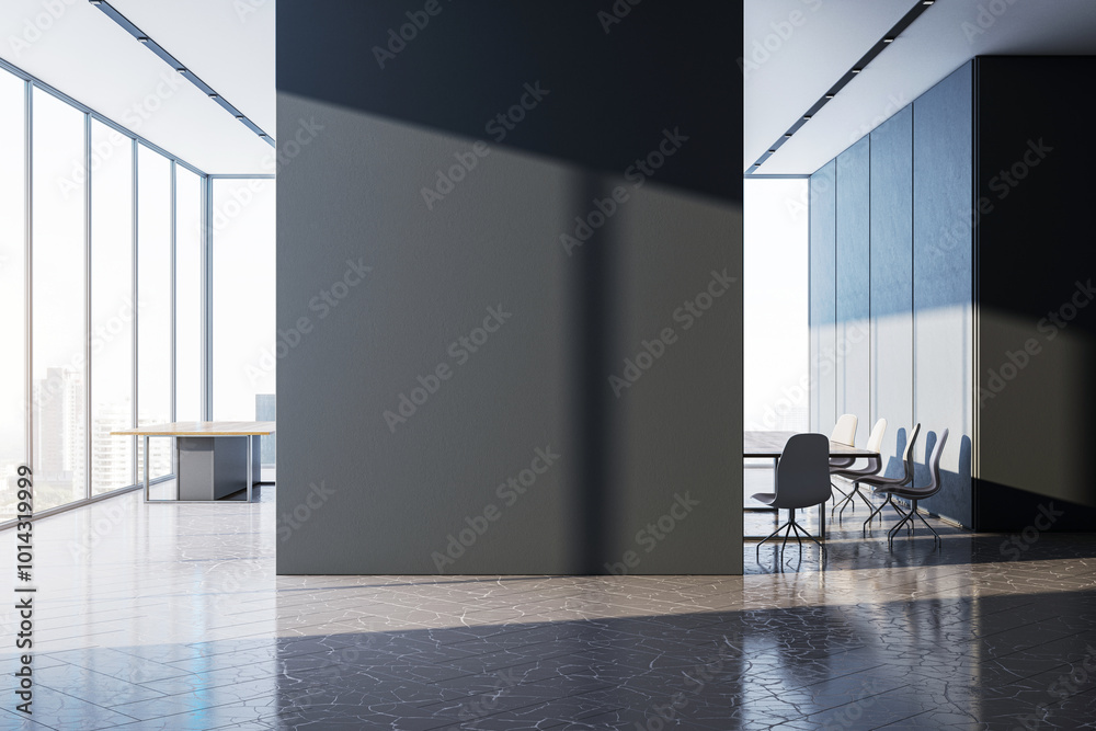 Aufkleber modern office interior with large windows and city view. 3d rendering