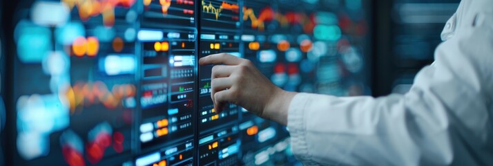 Closeup of a hand interacting with a high-tech digital interface, displaying complex data and analytics in a modern control room environment.