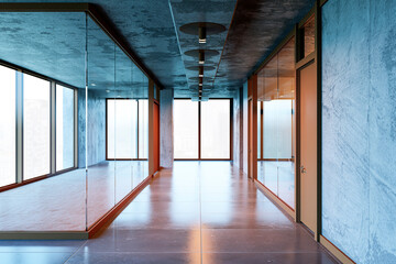 Modern office corridor with glass walls and city view. 3D Rendering