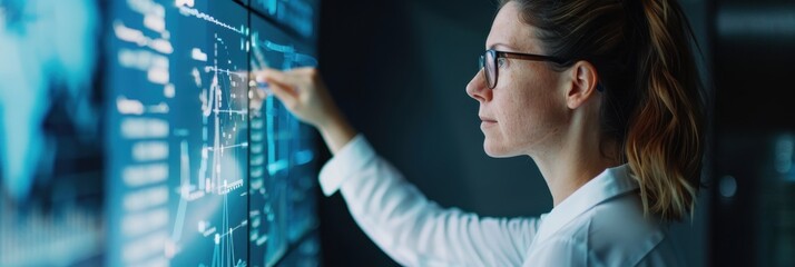 A focused businesswoman wearing glasses interacts with an interactive digital screen displaying various data charts and graphs in a professional environment.