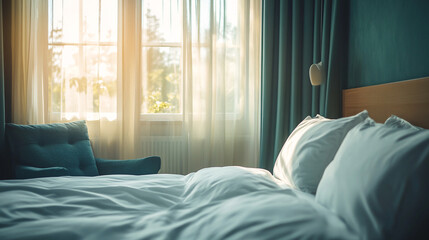 Cozy bedroom with soft sunlight streaming through sheer curtains in the early morning