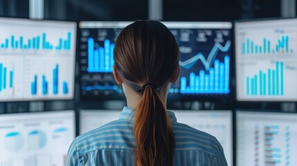 A businesswoman with a ponytail focuses on analyzing various data charts and graphs displayed on multiple screens in a modern workspace.