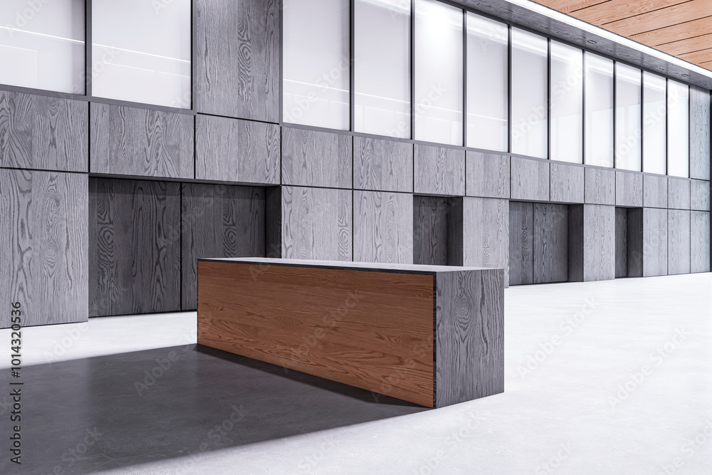 Aufkleber modern empty office lobby with a wooden reception desk. 3d rendering