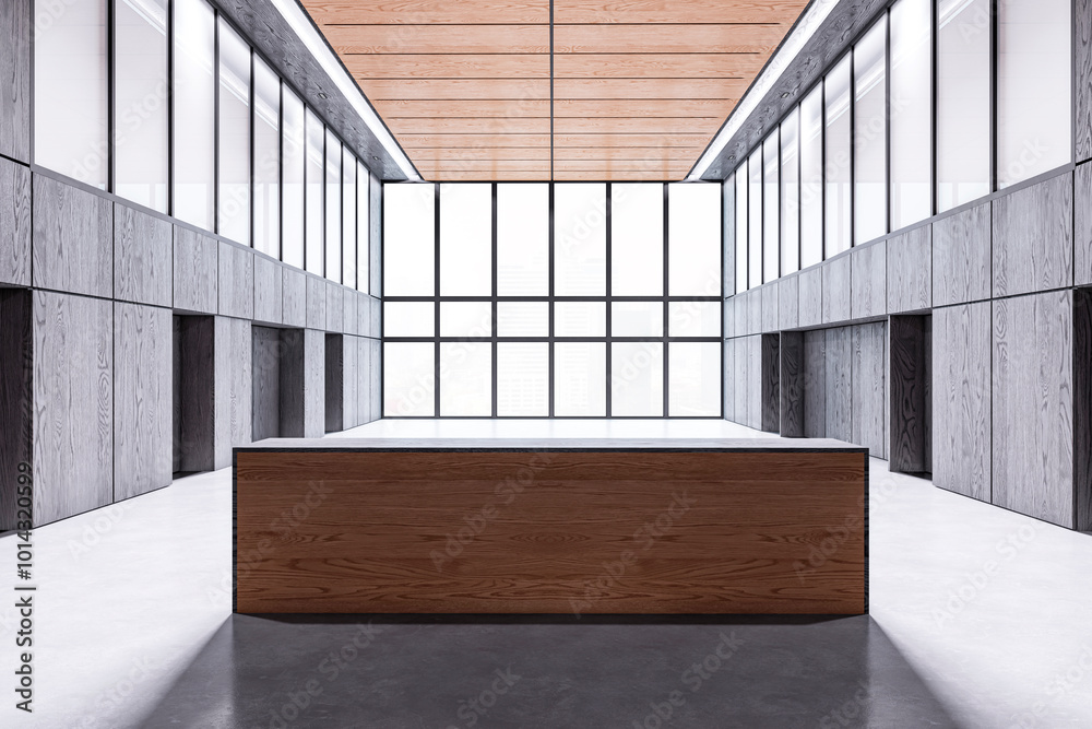 Poster modern office lobby with large reception desk and glass windows. 3d rendering