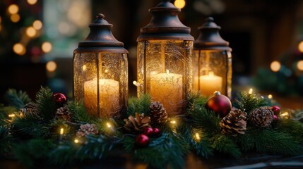 Warm Holiday Table Setting with Greenery Centerpiece and Glowing Lanterns, Festive Christmas Decor Ideas for a Cozy Winter Celebration