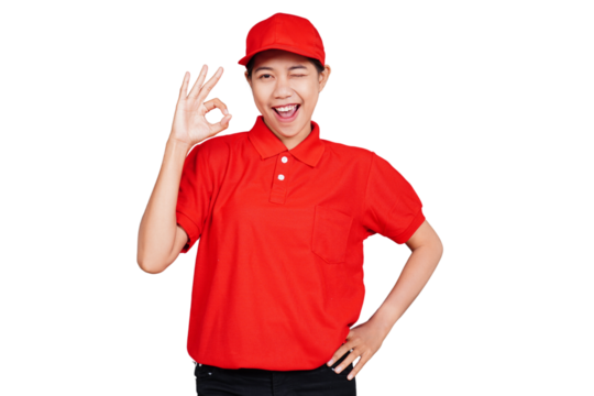 Smiling asian delivery courier woman showing ok hand sign gesture isolated transparent